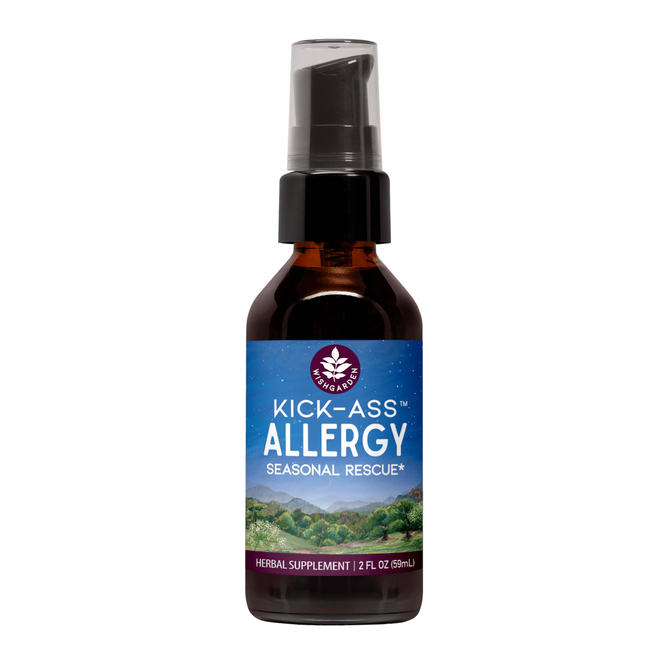 A brown 2 fl oz Kick-Ass Allergy spray by WishGarden Herbs, featuring a mountain landscape label and black pump top, is an herbal supplement designed to support your histamine response.