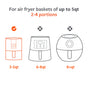 Illustration shows 3–5qt basket (checked) fits 2–4 portions for Full Circle FSC Certified Air Fryer Liners; 6–8qt and 8+qt sizes are crossed out. Ideal for use with air fryer accessories like disposable paper liners.