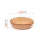 Full Circle FSC Certified Air Fryer Liners are brown oval baking cups stacked together. A double-headed arrow shows a 6.3" length, while a vertical arrow left marks the 1.7" height. These disposable paper liners are must-have air fryer accessories on a white background.