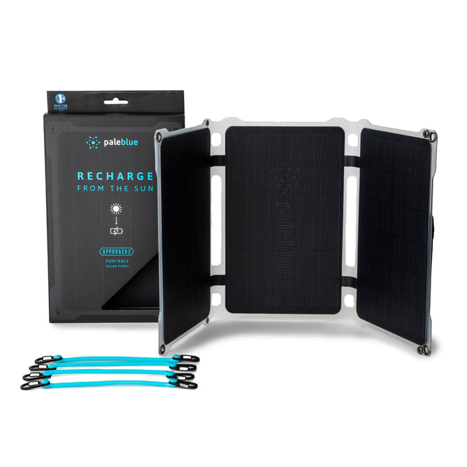 The Paleblue Portable Solar Charger (21 Watts Max Output) features high-efficiency cells, three blue connection cables, and comes in packaging labeled RECHARGE FROM THE SUN, all shown on a white background.
