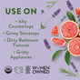 Flat lay of halved grapefruit, green leaves, and lavender on purple with text listing cleaning uses for Rebel Green All Purpose Spray: countertops, stovetops, bathroom fixtures, appliances. Features USDA Organic, B Corp, and Women Owned logos.