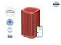 Windmill Air’s The Windmill Air Purifier, shown with vertical slats, a smartphone featuring its air quality monitoring app, and certification badges for warranty, allergy recommendation, third-party lab testing, AHAM verification, and recognition by House Beautiful. Equipped with advanced HEPA filtration for cleaner indoor air.