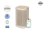 The Windmill Air Purifier by Windmill Air, shown here in beige with vertical vents, is featured alongside a smartphone running an air quality monitoring app. Surrounding badges highlight its House Beautiful feature, allergy-friendly recommendation, third-party lab testing, AHAM-verified performance, advanced HEPA purification technology, and a lifetime warranty.