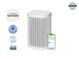 A white Windmill Air Purifier by Windmill Air, featuring vertical black vents, sits next to a smartphone showcasing its intuitive app for seamless air quality monitoring. Surrounding the product are four badges highlighting its warranty, expert recommendations, and rigorous testing.