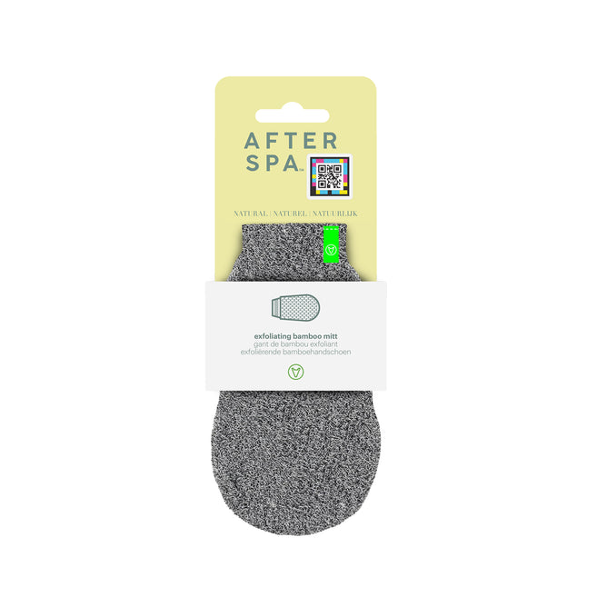 The Afterspa Exfoliating Bamboo Mitt features natural bamboo fibers and a textured gray surface for cruelty-free skincare. It comes in beige and white packaging with product info, a QR code, and a green sticker.