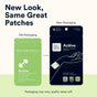 An arrow points from the old lime green rectangular Active Workout Support Patches pouch to the new dark navy version.