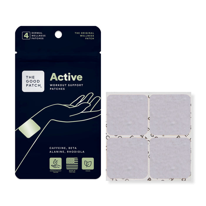 A dark blue rectangular pouch of The Good Patch Active Workout Support Patches next to a sheet of four square adhesive patches.