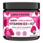 A jar of Llama Naturals Organic Kids & Adults Vitamin D3 + K2 Gummies, with a pink and white label featuring raspberry illustrations, showcases plant-based vitamin D, organic ingredients, no added sugar, and bone support benefits.