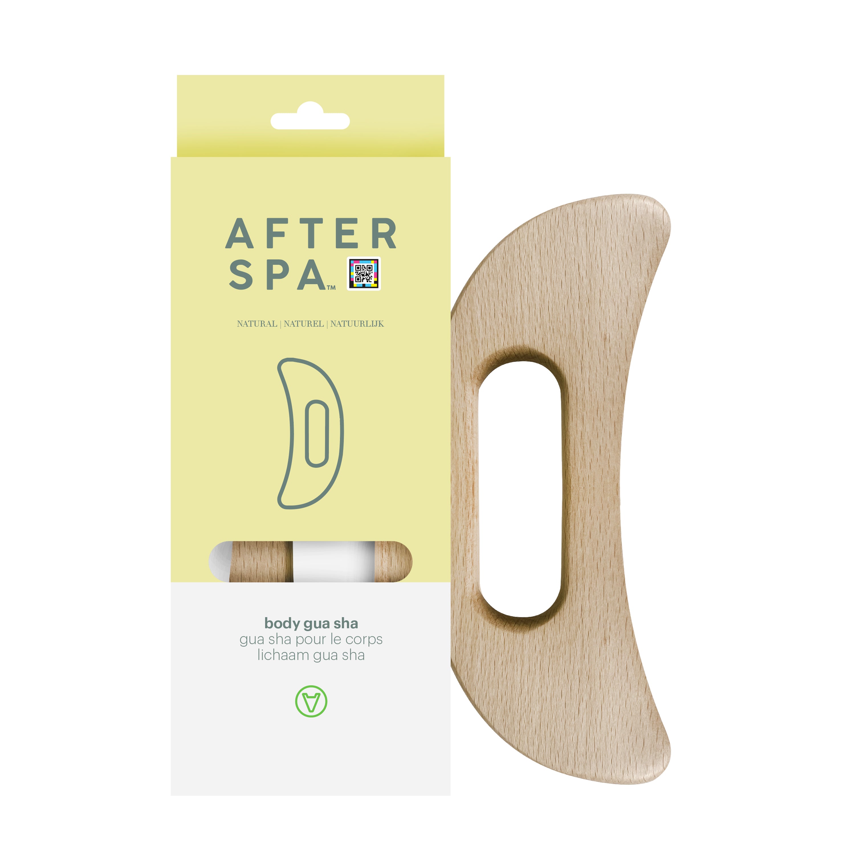 The Afterspa Body Gua Sha is a wooden massage tool with a handle, packaged in partially visible yellow and white body care packaging featuring a simple illustration, vegan icon, and promising a relaxing massage experience.
