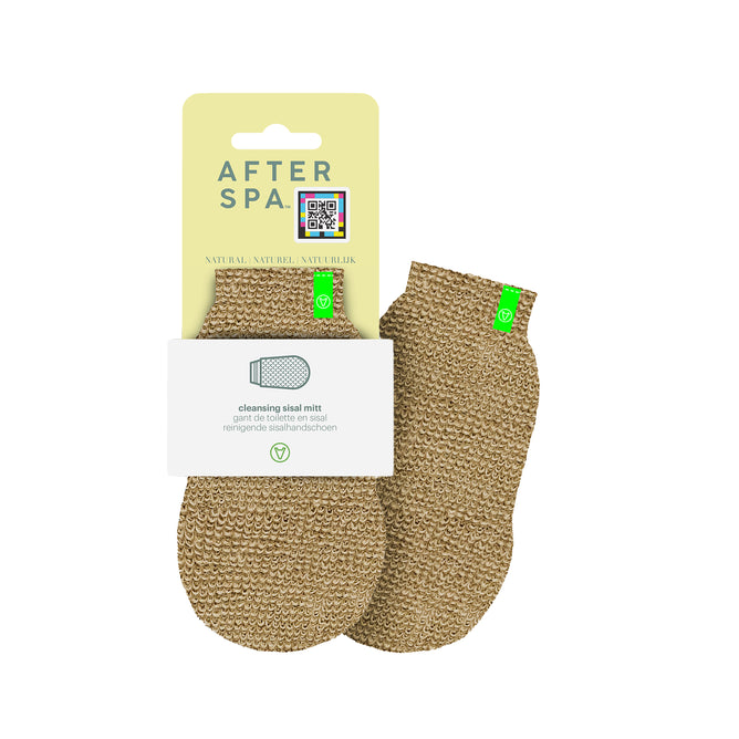The Afterspa Cleansing Sisal Mitt is shown in eco-friendly packaging with beige and green accents, featuring the product name and illustration. Made from natural sisal fibers, it gently exfoliates for smooth, refreshed skin.