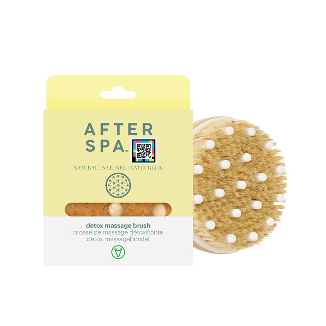 A packaging box labeled Afterspa contains a partially visible Massage & Detox Brush with light bristles and white tips for exfoliation. The box has green text, a QR code, and is perfect for fans of shower spa products.