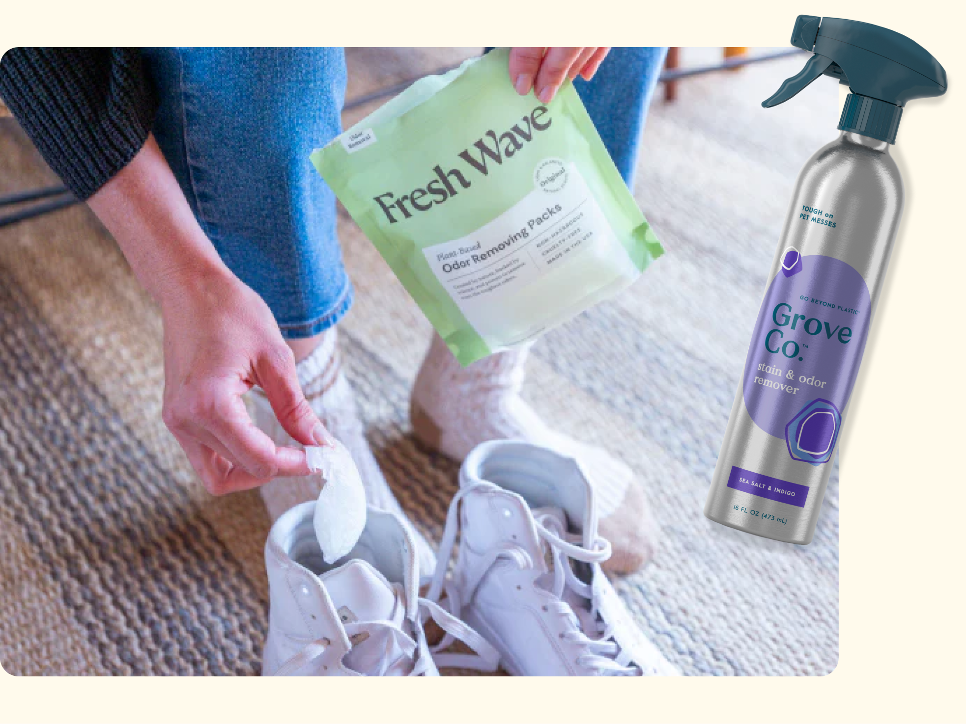 A person places a Fresh Wave odor removing pack into a white sneaker, with a Grove Co. fabric and odor remover spray bottle shown on the right side of the image.