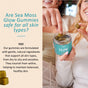 Two people smile as one picks a gummy from a Sea Moss GLOW Gummies jar by Akasha Superfoods. Text highlights Irish sea moss and organic ingredients, promoting radiant, balanced skin for all skin types.