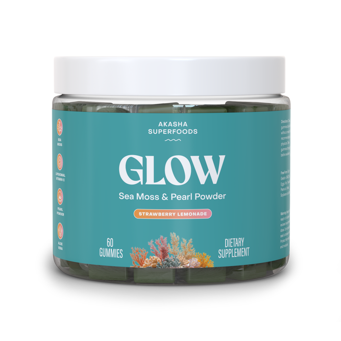 A clear jar labeled Sea Moss GLOW Gummies by Akasha Superfoods, with a teal label featuring coral reef graphics, contains 60 organic gummies for radiant skin and highlights Irish Sea Moss benefits. Flavor: Strawberry Lemonade.