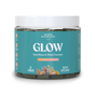 A clear jar labeled Sea Moss GLOW Gummies by Akasha Superfoods, with a teal label featuring coral reef graphics, contains 60 organic gummies for radiant skin and highlights Irish Sea Moss benefits. Flavor: Strawberry Lemonade.