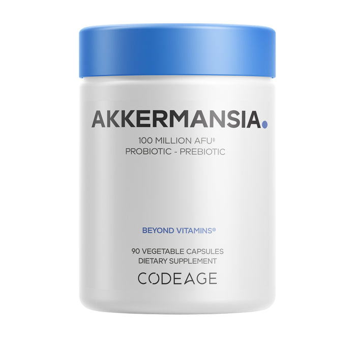 A white bottle with a blue lid labeled Codeage Akkermansia contains 90 vegetable capsules of probiotics featuring Akkermansia muciniphila and chicory inulin; label states 100 Million AFU+ and Beyond Vitamins.