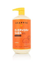 A tall bottle of Alaffia EveryDay Shea Body Lotion featuring a yellow pump, an orange label with white text, and a mention that this unscented shea butter body lotion is formulated for sensitive skin and normal to very dry skin; the label also highlights fair trade shea butter as a key ingredient.