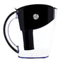 The New Wave Enviro Alkaline Pitcher Water Filter is a transparent pitcher with a black lid and handle, featuring a cylindrical filter cartridge and a circular logo on the lid.