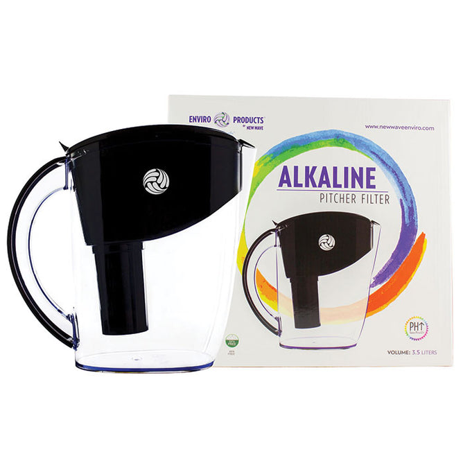 A clear 3.5-liter Alkaline Pitcher Water Filter by New Wave Enviro, with a black filter, sits before its box labeled "Alkaline Pitcher Filter" and showing a colorful circular design, delivering fresh alkalized water.