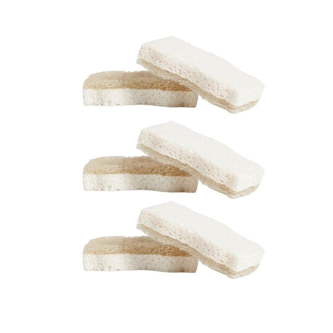 Three pairs of Grove Co. All-Purpose Coconut Scrubber Sponges, 3-Pack, are stacked with one angled on top of the other, arranged vertically on a white background for non-abrasive cleaning.