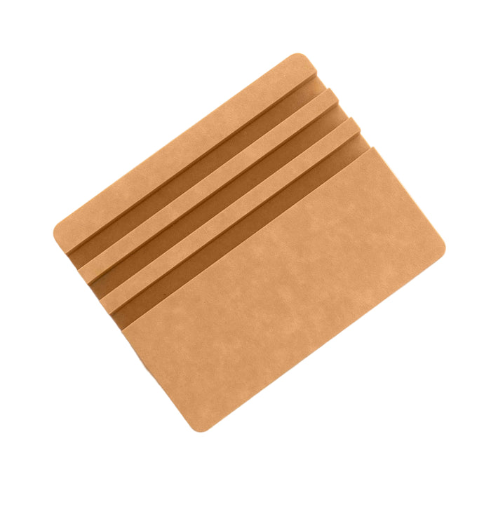 A brown rectangular cardholder with four horizontal slots, crafted from kraft paper-like material, is shown on a white background—mirroring the simple design of the Full Circle All Aboard Cutting Board Holder & Drying Rack.