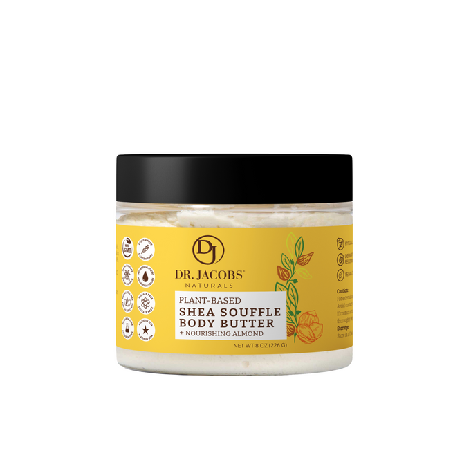 Dr. Jacobs Naturals Shea Souffle Body Butter in Nourishing Almond scent comes in an 8 oz (226g) jar with a yellow label and black lid, delivering deep hydration for your skin.