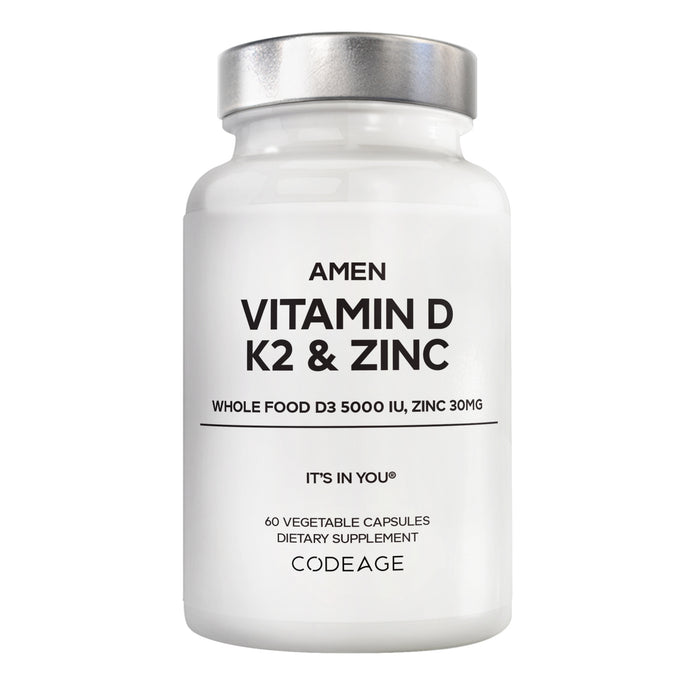 A white bottle labeled Amen Vitamin D, K2 & Zinc by Codeage features whole food Vitamin D3 5000 IU, K2, 30mg zinc, and contains 60 vegetable capsules.