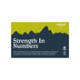 A box with a dark blue lower half and green upper half, featuring a mountain silhouette. Text reads: Strength In Numbers, highlighting White Anchovies Spicy, 22g Protein, Patagonia Provisions logo. Responsibly Sourced.