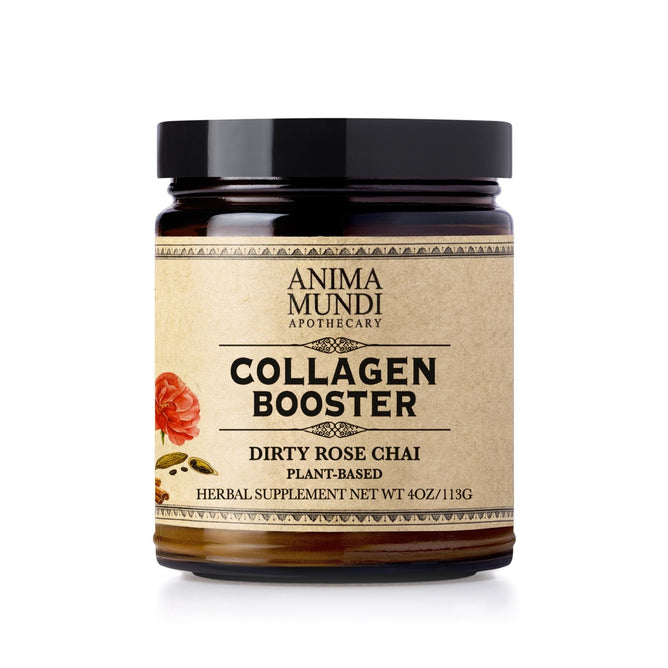 A brown glass jar labeled Anima Mundi COLLAGEN BOOSTER Powder, Dirty Rose Chai, with a rose illustration, contains 4 oz (113g) of plant-based collagen powder herbal supplement.