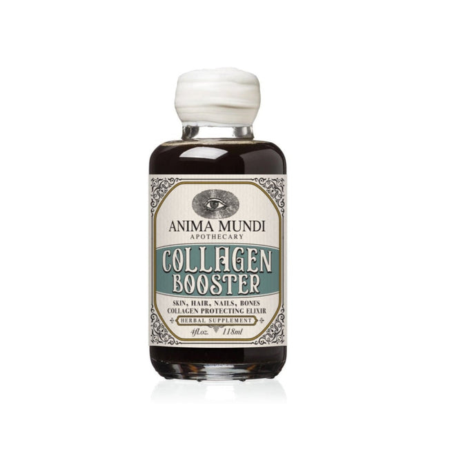 A small glass bottle labeled Anima Mundi COLLAGEN BOOSTER Elixir, Botanical Radiance, with a white cap and dark liquid. The label notes it’s a botanical herbal extract for collagen support benefiting skin, hair, nails, and joints.