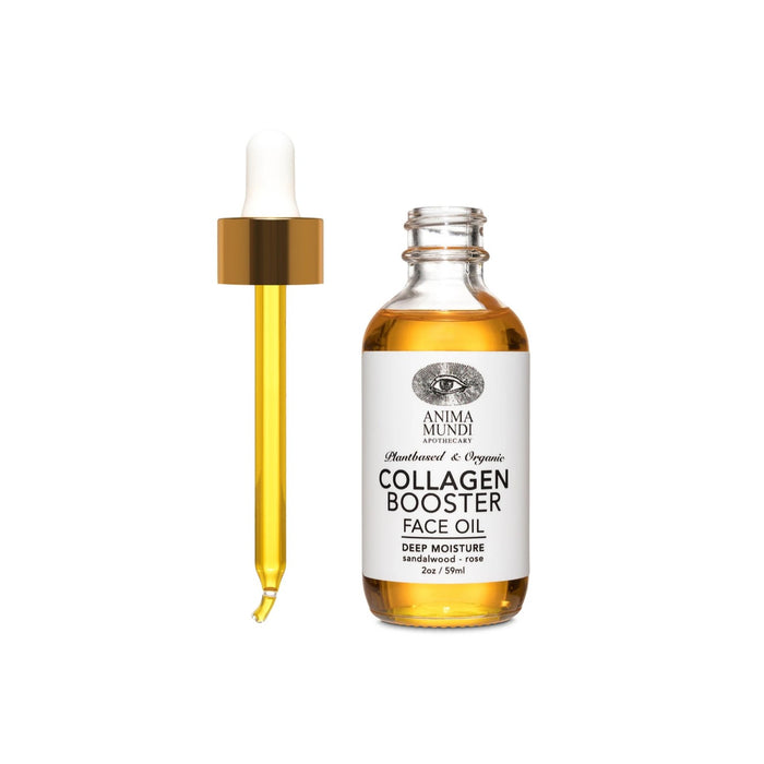 A 2oz (59ml) glass bottle of Anima Mundi COLLAGEN BOOSTER Face Oil, Deep Moisturizer, with a dropper filled with golden oil placed beside it. The label highlights its deep moisture hydration benefits.
