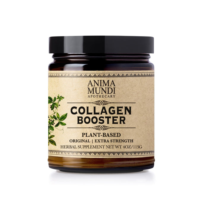 A brown glass jar with a black lid labeled Anima Mundi COLLAGEN BOOSTER Powder, Original Flavor—formulated for plant-based beauty and connective tissue wellness. The label includes green plant illustrations on the left.