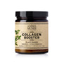 A brown glass jar with a black lid labeled Anima Mundi COLLAGEN BOOSTER Powder, Original Flavor—formulated for plant-based beauty and connective tissue wellness. The label includes green plant illustrations on the left.