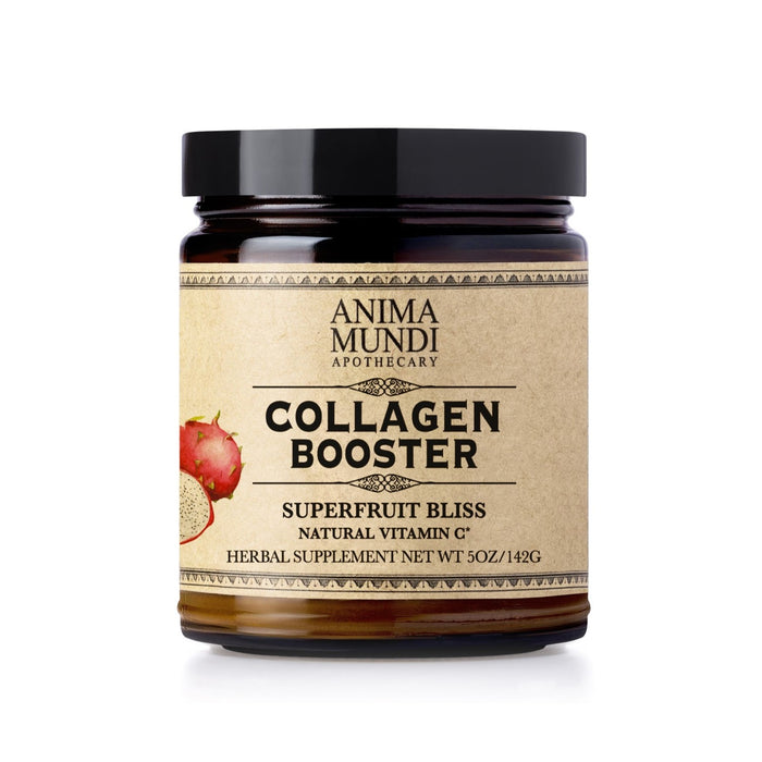 A brown jar of Anima Mundi COLLAGEN BOOSTER Powder, Superfruit Bliss, herbal supplement with natural vitamin C (net wt. 5 oz/142g) is shown on a white background.