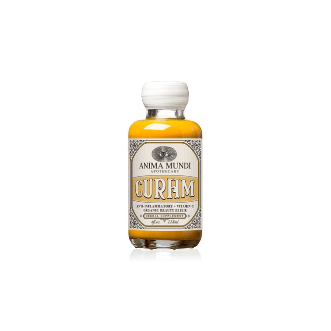A small glass bottle of Anima Mundi CURAM Elixir, Joint Comfort + Vitamin C*, with yellow liquid and a white cap, featuring a vintage-style label, set against a white background.
