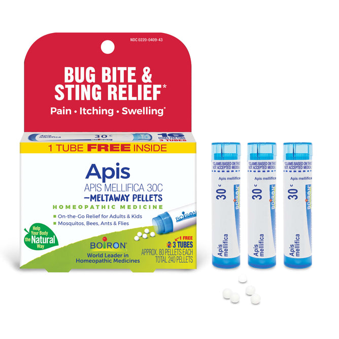 Box and tubes of Boiron Apis Mellifica 30C Bonus Pack, a single homeopathic medicine for bug bite relief. Packaging highlights pain, itching, and swelling relief; three blue tubes from Boiron are shown.