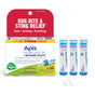 Box and tubes of Boiron Apis Mellifica 30C Bonus Pack, a single homeopathic medicine for bug bite relief. Packaging highlights pain, itching, and swelling relief; three blue tubes from Boiron are shown.