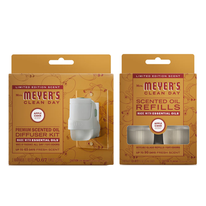 Get cozy this fall with Mrs. Meyer's Fall Diffuser Kit Collection: one premium oil diffuser kit plus a 2-pack refill, both in signature apple cider scent. Both orange boxes add seasonal vibes to your space.