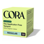 A green box labeled "Cora Applicator Free Tampons - 100% Organic Cotton, Regular, 32 Count" features a blue accent and product information on the sides. These tampons are made from 100% organic cotton and offer comfortable, eco-friendly protection without an applicator.