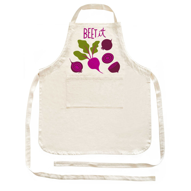 A kitchen essential from The Neighborgoods, this cotton Apron features a front pocket, colorful beet-inspired prints with BEET IT at the top, plus adjustable neck and waist ties.