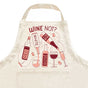 The Neighborgoods Apron: Beige cotton apron with wine bottle and glass prints labeled RED, WHITE, ROSÉ. Features WINE NOT? text with playful corks and splashes—an essential kitchen accessory for wine lovers.
