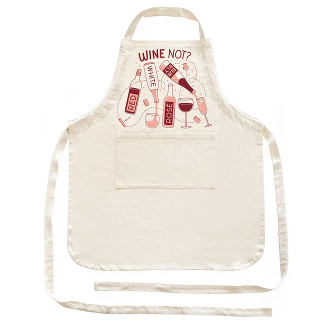 The Neighborgoods Apron is a cream-colored cotton kitchen essential with a front pocket and playful prints of red, white, and rosé wine bottles and glasses dancing beneath the phrase WINE NOT? in bold red lettering.
