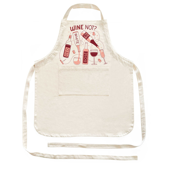 The Neighborgoods Apron is a cream-colored cotton kitchen essential with a front pocket and playful prints of red, white, and rosé wine bottles and glasses dancing beneath the phrase WINE NOT? in bold red lettering.