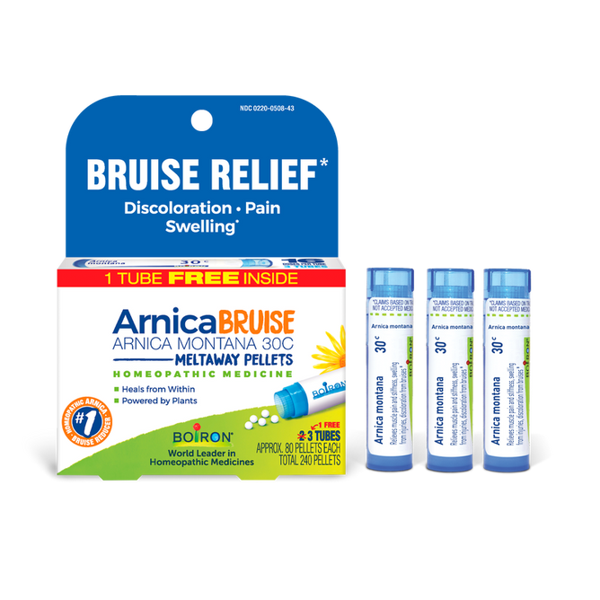 Boiron ArnicaBruise 30C Meltaway Pellets + Bonus Pack - Bruise Relief, featuring a box labeled “Bruise Relief” and three blue-capped tubes of “Arnica montana 30C” standing upright beside it, offers gentle and effective homeopathic medicine for bruise relief.
