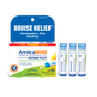 Boiron ArnicaBruise 30C Meltaway Pellets + Bonus Pack - Bruise Relief, featuring a box labeled “Bruise Relief” and three blue-capped tubes of “Arnica montana 30C” standing upright beside it, offers gentle and effective homeopathic medicine for bruise relief.