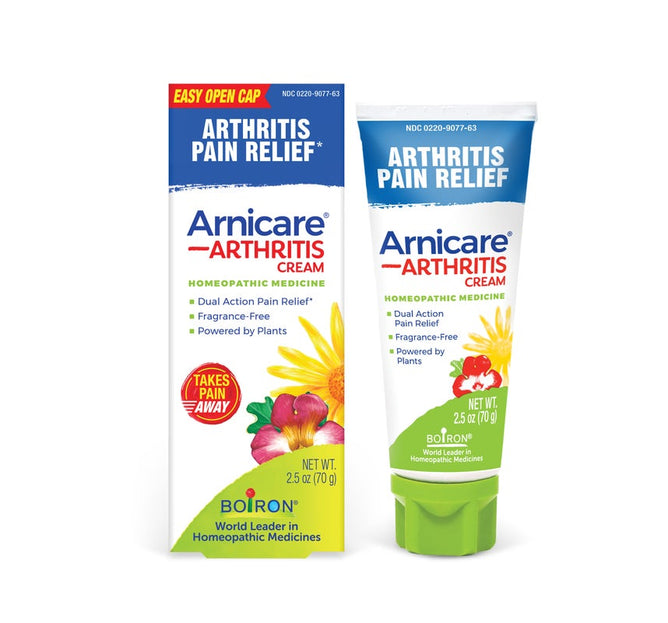 Boiron Arnicare Arthritis Cream, available in a 2.5 oz tube and packaging featuring flowers and plant imagery, is labeled for arthritis pain relief and highlights Arnica as a key ingredient for dual-action, plant-based relief. This homeopathic medicine serves as an effective arthritis cream.