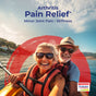 A smiling older couple in sunglasses and life vests kayaks across a sunlit lake. Above them, text reads: “Arthritis Pain Relief—Minor Joint Pain, Stiffness.” The Boiron Arnicare Arthritis Cream logo appears in the lower right corner, emphasizing topical pain relief for active lifestyles.