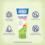 Boiron Arnicare Arthritis Cream tube shown with icons and text highlighting its scientifically formulated, fragrance-free, quick-absorbing, and moisturizing Arnica cream formula—designed to provide dual-action pain relief with no burning or stinging sensation and no known drug interactions.