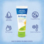 A tube of Boiron Arnicare Gel is centered on a blue background, surrounded by icons and white and green text that highlight its features: quickly absorbed, fragrance-free, non-greasy, and cooling & refreshing. This Boiron Arnica gel is an effective choice for anyone seeking a bruise relief cream.