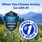A badge and seal highlight Boiron Arnicare Gel as the #1 pharmacist-recommended pain relief brand for 2025-2026, set against a scenic mountain landscape with wildflowers. The scene subtly features Arnicare Gel, emphasizing its trusted role as a top bruise gel among pharmacists and nature enthusiasts alike.